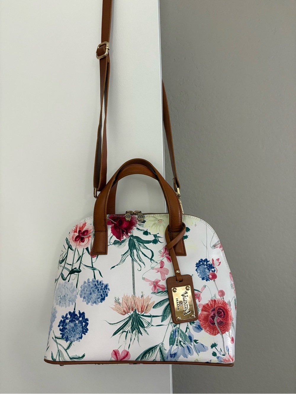 EUC Valentina Floral Dome Satchel in White with Brown Trim and Multicolor Blooms